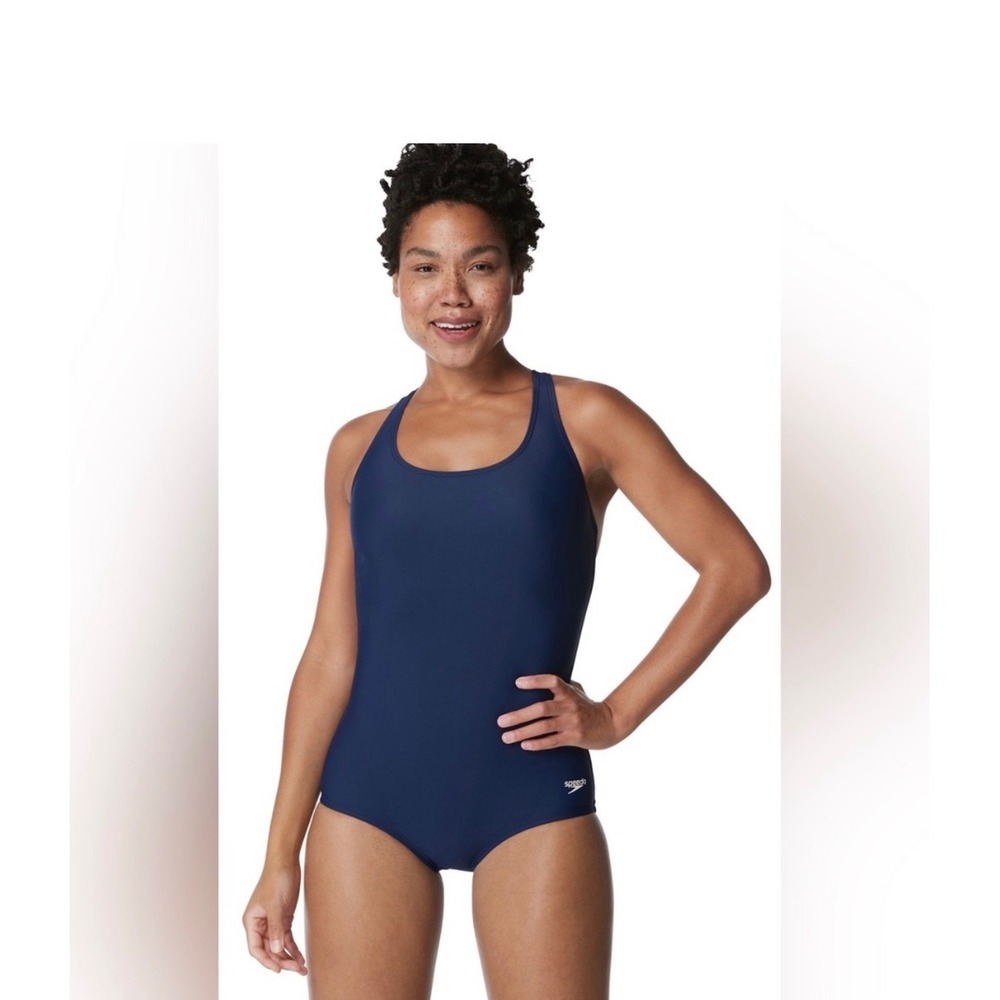 Speedo One Piece Swimsuit Women Medium Navy Blue Excellent Racerback Athletic